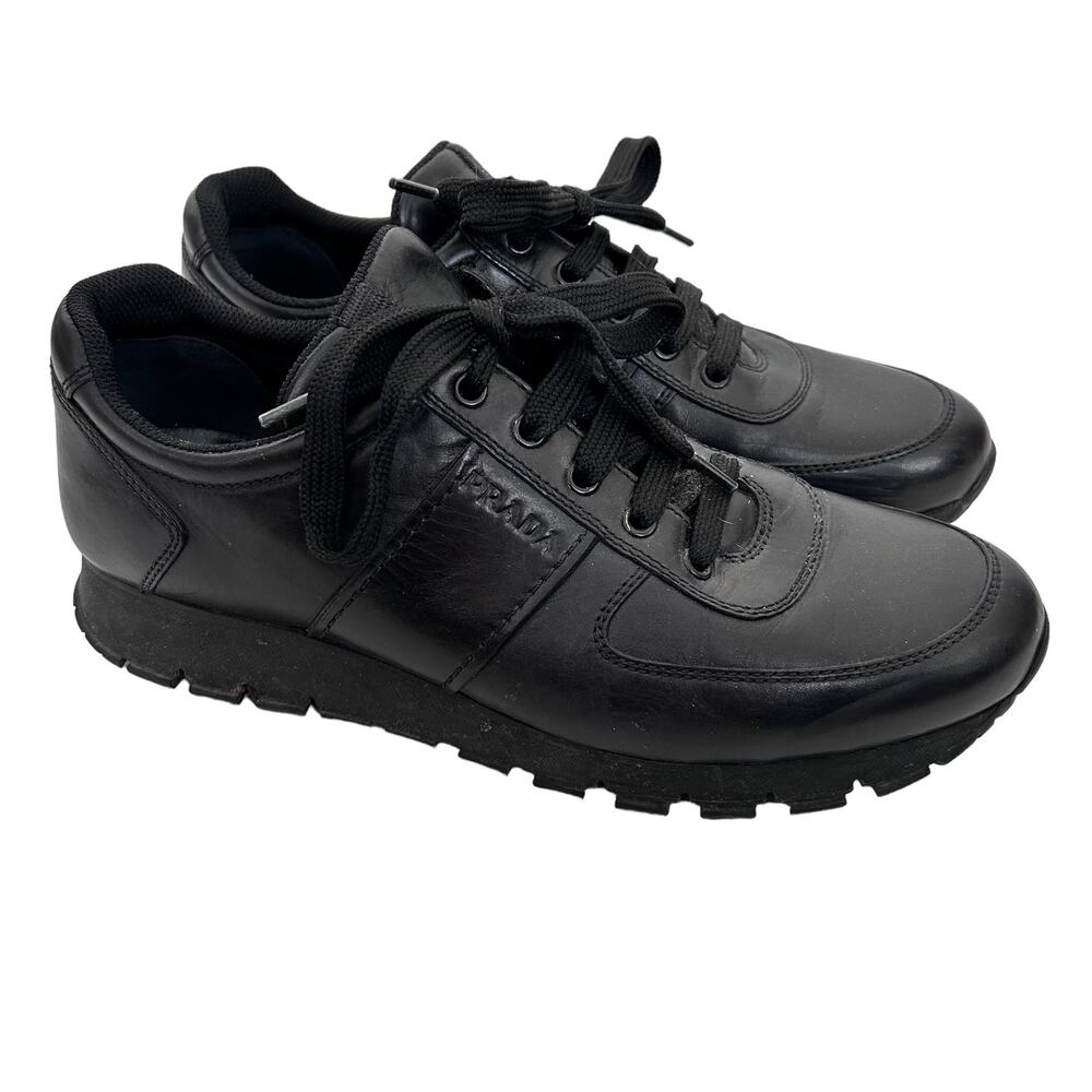 Prada Black Leather Sneakers Sz 41 - Picture 1 of 11